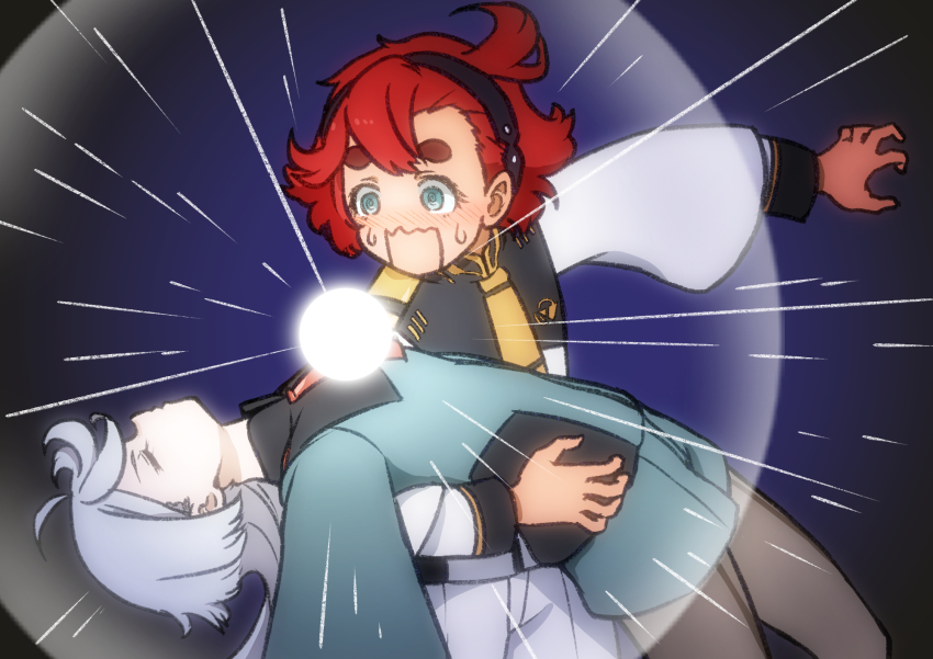 2girls, @_@, blush, closed_eyes, glowing, gundam, gundam_suisei_no_majo, hairband, highres, inumitu, long_hair, military, military_uniform, miorine_rembran, multiple_girls, open_mouth, parody, ponytail, red_hair, school_uniform, sekai_wo_kakumei_suru_chikara_wo, shoujo_kakumei_utena, suletta_mercury, thick_eyebrows, weapon, white_hair, yuri