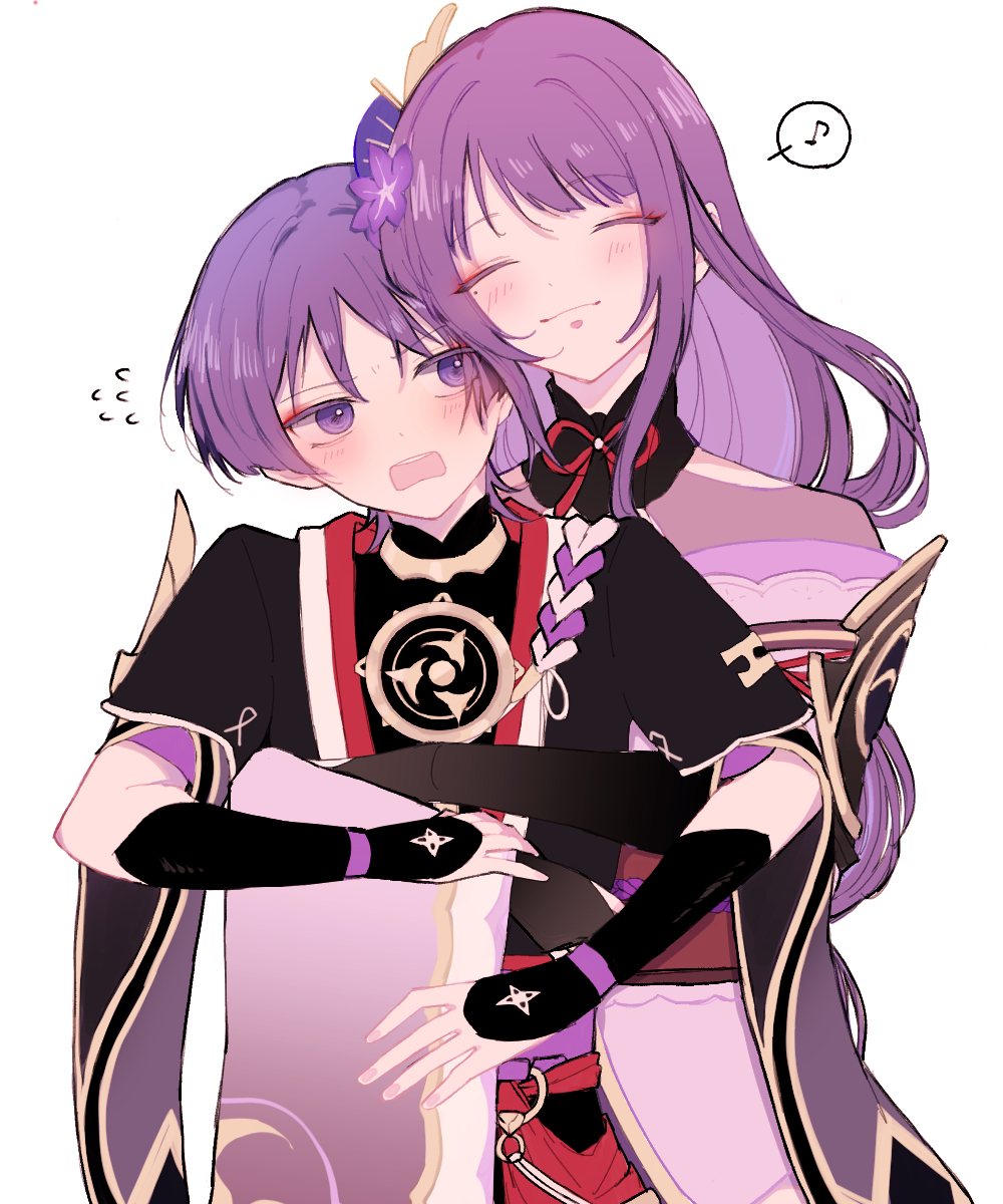 1boy, 1girl, blush, closed_eyes, elbow_gloves, fingerless_gloves, flower, genshin_impact