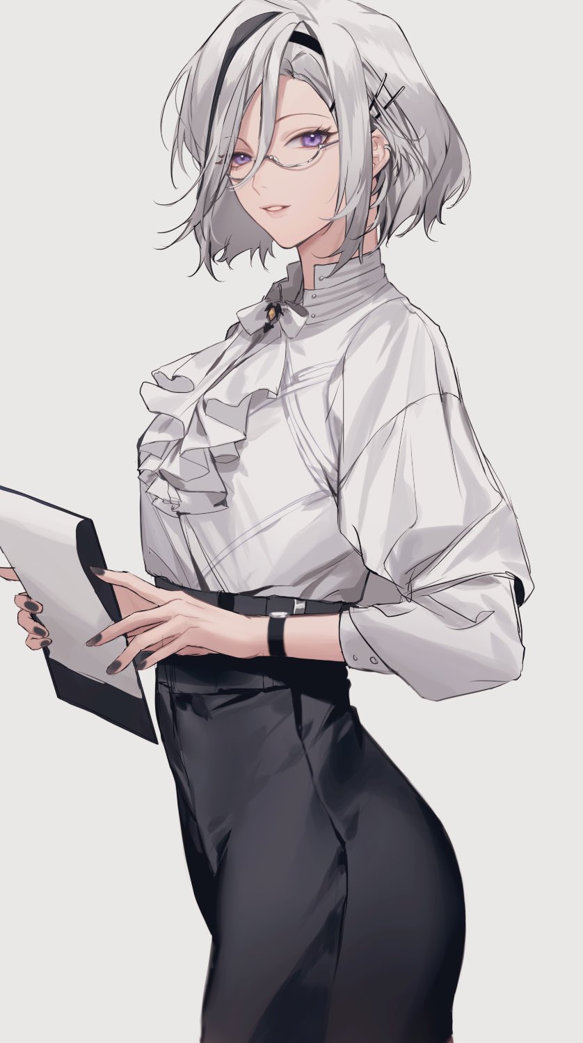 1girl, alternate_costume, ascot, black_hair, black_hairband, black_nails, black_skirt, breasts