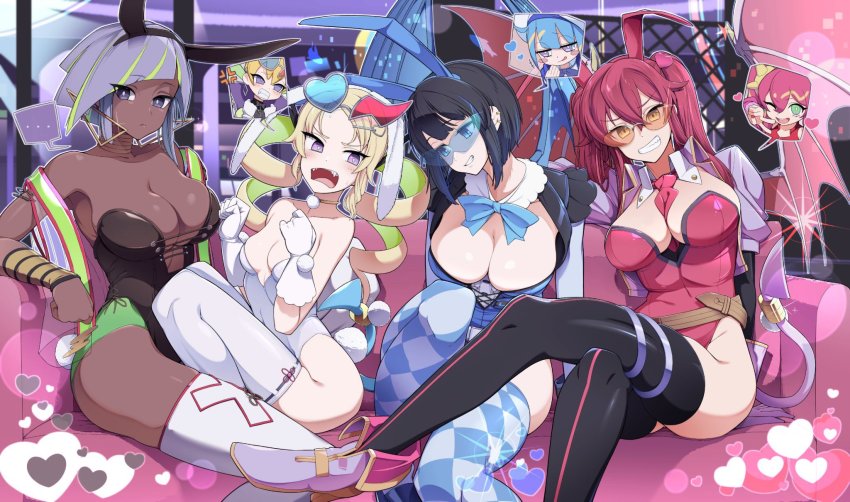 ..., 4girls, animal_ears, between_breasts, black_hair, blonde_hair, bow, bowtie, breasts, cleavage, couch, crossed_legs, dark-skinned_female, dark_skin, demon_tail, demon_wings, drill_hair, duel_monster, ear_piercing, earrings, evil_twin's_trouble_sunny, evil_twin_ki-sikil, evil_twin_lil-la, fangs, gloves, grey_hair, grin, heart, highres, jewelry, ki-sikil_(yu-gi-oh!), large_breasts, lil-la_(yu-gi-oh!), live_twin_ki-sikil, live_twin_lil-la, luna_(dm)_(yu-gi-oh!), multiple_girls, naruyan_mk-ii, necktie, necktie_between_breasts, piercing, playboy_bunny, rabbit_ears, red_hair, small_breasts, smile, sunglasses, sunny_(yu-gi-oh!), tail, thighhighs, twintails, v, white_gloves, wings, yu-gi-oh!