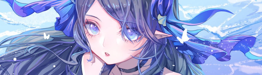 1girl, arknights, bare_shoulders, black_choker, black_hair, blue_eyes, bluebluecathy, blush, choker, close-up, gradient_hair, hair_ornament, highmore_(arknights), highres, lips, lipstick, long_hair, looking_at_viewer, makeup, multicolored_hair, poi_(phrase), portrait, purple_hair, solo, swept_bangs, very_long_hair, water