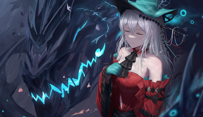 1girl, absurdres, arknights, ascot, bare_shoulders, black_ascot, blue_headwear, chinese_commentary