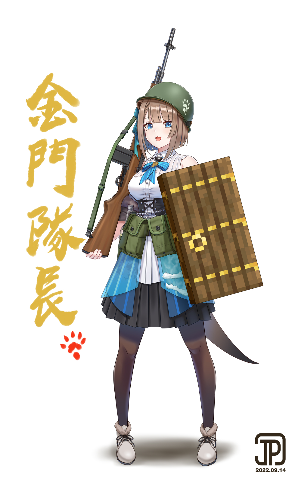 1girl, battle_rifle, belt, blue_eyes, blue_necktie, dress, full_body, grey_hair