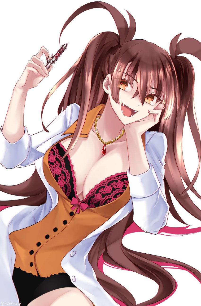 1girl, black_skirt, bow, bra, breasts, brown_hair, cleavage, dr._arach
