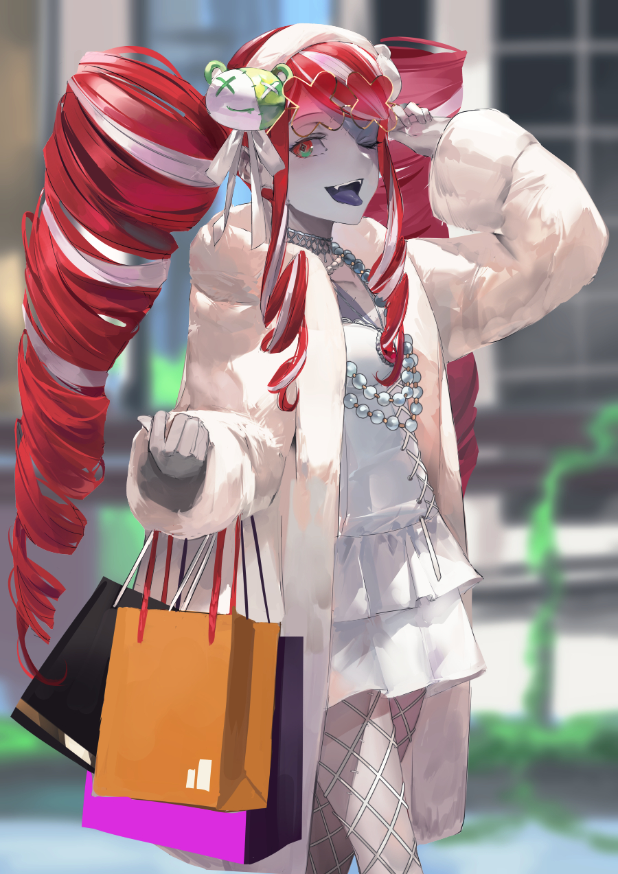 1girl, adjusting_eyewear, bag, blazpu, blurry, blurry_background, coat, colored_skin