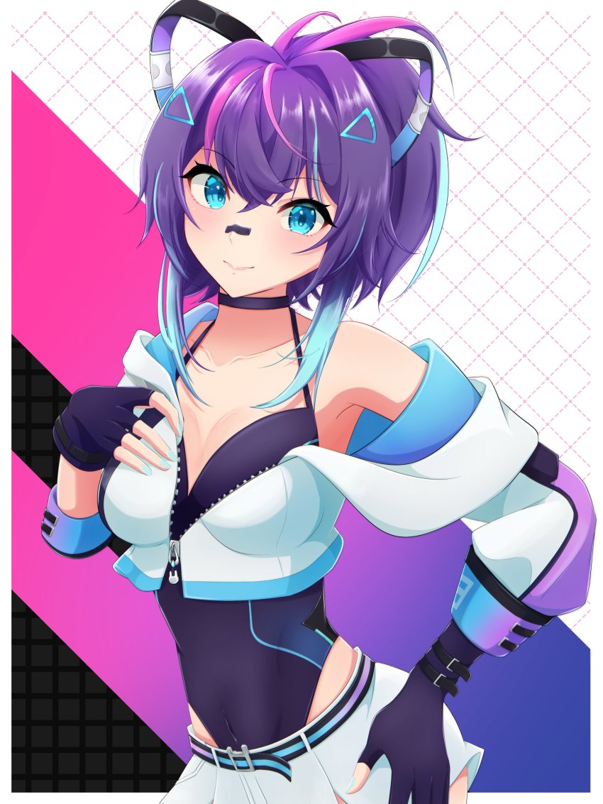 1girl, absurdres, bandaid, bandaid_on_face, bandaid_on_nose, black_choker, black_gloves, blue_eyes, blue_hair, breasts, choker, cleavage, commentary, covered_navel, english_commentary, gloves, halterneck, hand_on_own_hip, highres, indie_virtual_youtuber, jacket, leotard, leotard_under_clothes, looking_at_viewer, medium_breasts, melody_(projektmelody), multicolored_hair, nagi_clip, navel, ponytail, purple_hair, purple_leotard, shorts, streaked_hair, virtual_youtuber, vshojo, white_jacket, white_shorts