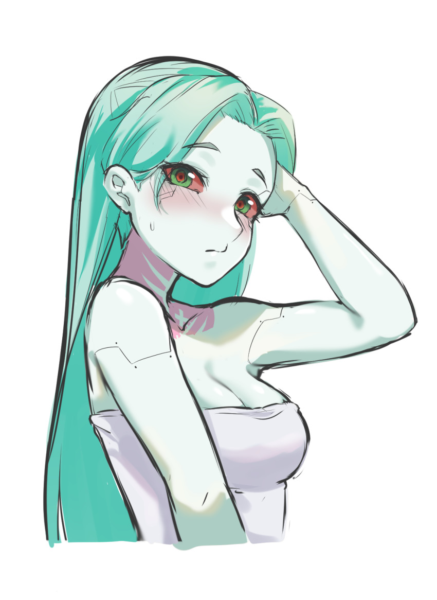 1girl, alternate_breast_size, alternate_costume, blush, breasts, cleavage, closed_mouth, colored_sclera, colored_skin, cyberpunk:_edgerunners, cyberpunk_(series), dress, embarrassed, green_eyes, green_hair, green_skin, hair_down, hand_up, highres, joints, kyu-9mann, long_hair, looking_at_viewer, medium_breasts, rebecca_(cyberpunk), red_pupils, red_sclera, simple_background, solo, white_background