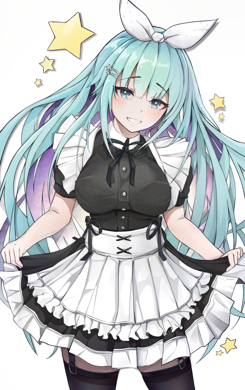 1girl, absurdres, aqua_hair, black_ribbon, black_thighhighs, blue_eyes, breasts, colored_inner_hair