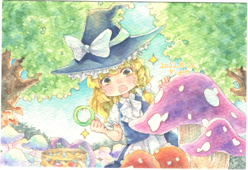 1girl, apron, black_hat, black_skirt, black_vest, blonde_hair, blue_mushroom, bow