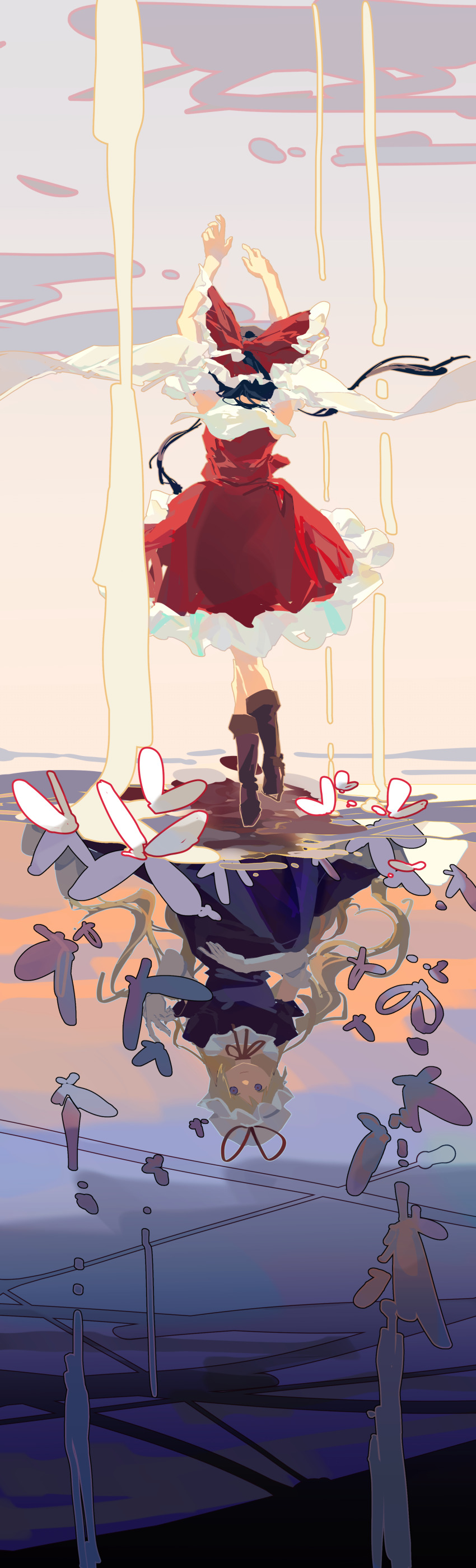 2girls, absurdres, back, black_hair, blonde_hair, bow, bug, butterfly