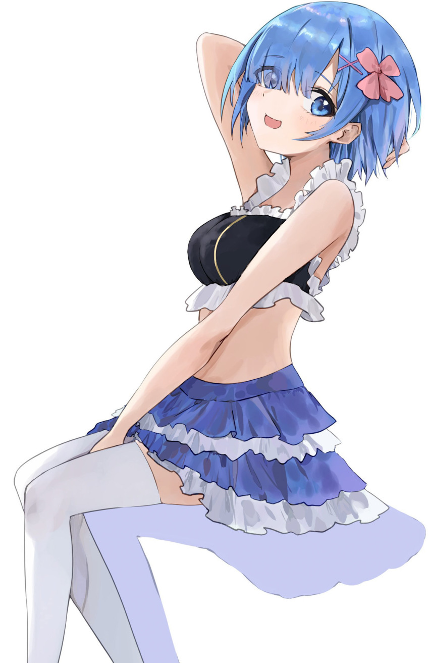 1girl, :d, arm_behind_head, bare_arms, bare_shoulders, between_legs, black_shirt, blue_eyes