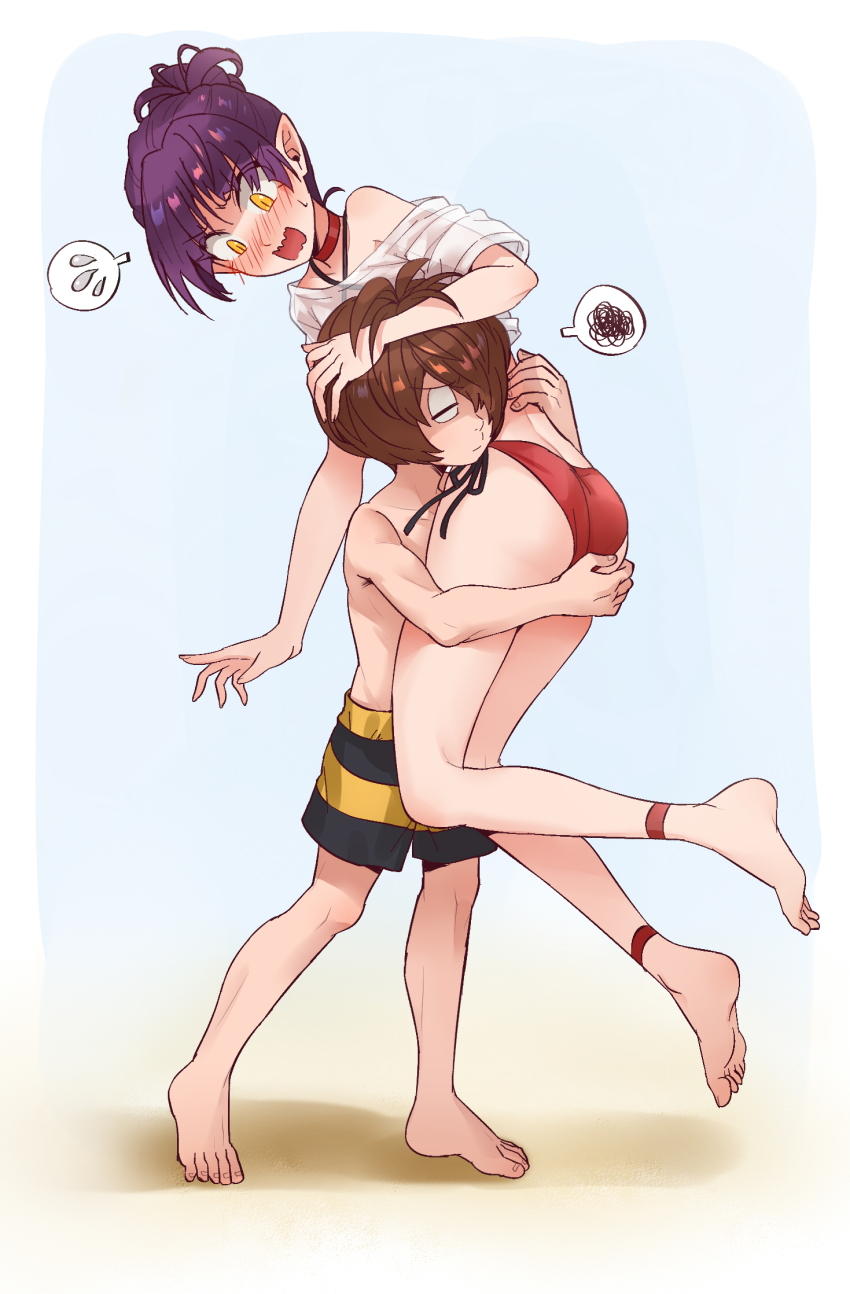 1boy, 1girl, ass, barefoot, bikini, black_male_swimwear, black_swim_trunks, blue_background