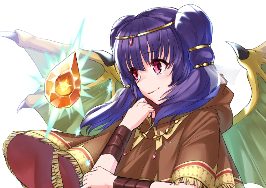 1girl, bead_necklace, beads, bloom, bracelet, brown_capelet, capelet, circlet, closed_mouth, crystal, dragon_girl, dragon_wings, dragonstone, female_focus, fire_emblem, fire_emblem:_the_sacred_stones, fire_emblem_heroes, fringe_trim, gem, glowing, gold_trim, green_wings, hair_ornament, hair_tie, hand_to_own_mouth, hand_up, highres, hand_on_own_arm, hood, jewelry, light_particles, light_smile, long_hair, looking_away, multi-tied_hair, myrrh_(fire_emblem), necklace, nezumida_yonekiti, nintendo, official_alternate_costume, pale_skin, purple_hair, red_eyes, smile, solo, sparkle, stone, twintails, upper_body, veil, white_background, wings, wristband, yellow_wings