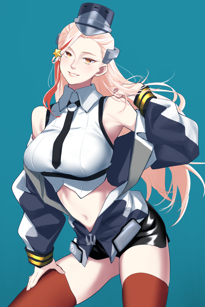 1girl, bare_shoulders, black_necktie, black_skirt, blonde_hair, blue_background, breasts, collared_shirt