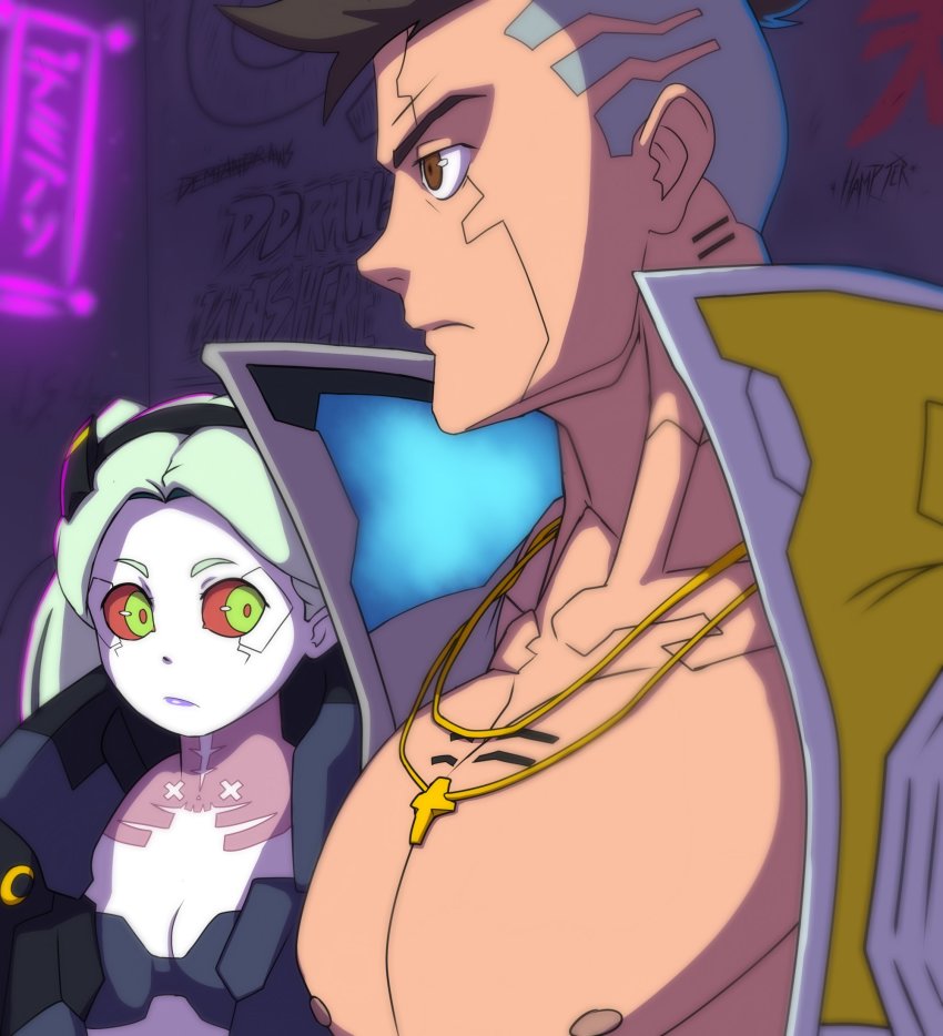 1boy, 1girl, aqua_hair, artificial_eye, artist_name, black_bra, black_hair, black_jacket, bra, breasts, brown_eyes, cleavage, closed_mouth, colored_sclera, colored_skin, commentary, cross, cross_necklace, cyberpunk_(series), cyberpunk:_edgerunners, cyborg, david_martinez, demiandraws, english_commentary, girl_staring_at_guy's_chest_(meme), graffiti, headgear, highres, jacket, jewelry, lipstick, looking_at_another, makeup, single_mechanical_eye, meme, muscular, muscular_male, necklace, open_clothes, open_jacket, purple_lips, rebecca_(cyberpunk), red_sclera, short_hair, underwear, upper_body, white_skin, yellow_jacket