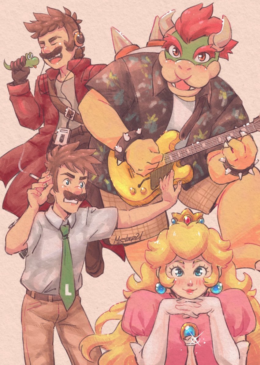 1girl, 3boys, annoyed, blonde_hair, blue_eyes, bowser, brown_eyes, brown_hair, chris_pratt, cigarette, claws, cosplay, dress, earphones, earrings, facial_hair, film, gloves, grin, guitar, highres, horns, instrument, jewelry, long_hair, looking_at_viewer, luigi, mario, mario_(series), multiple_boys, music, mustache, mystar21, nintendo, peter_quill, peter_quill_(cosplay), pink_dress, princess_peach, red_hair, singing, smile, smoking, standing, super_mario_bros._1, the_super_mario_bros._movie