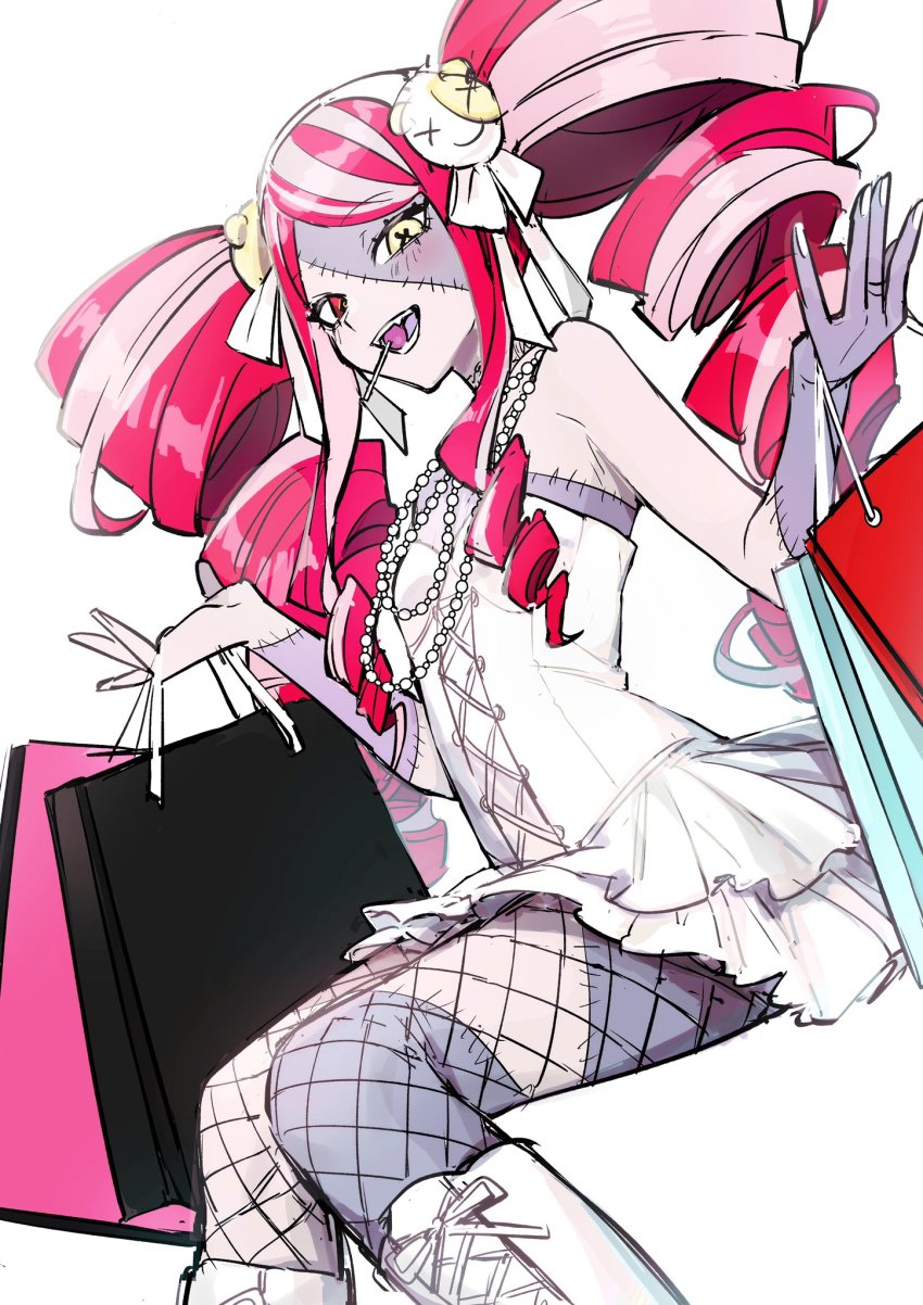 1girl, aneco_(westsea1227), bag, boots, colored_skin, dress, drill_hair, feet_out_of_frame