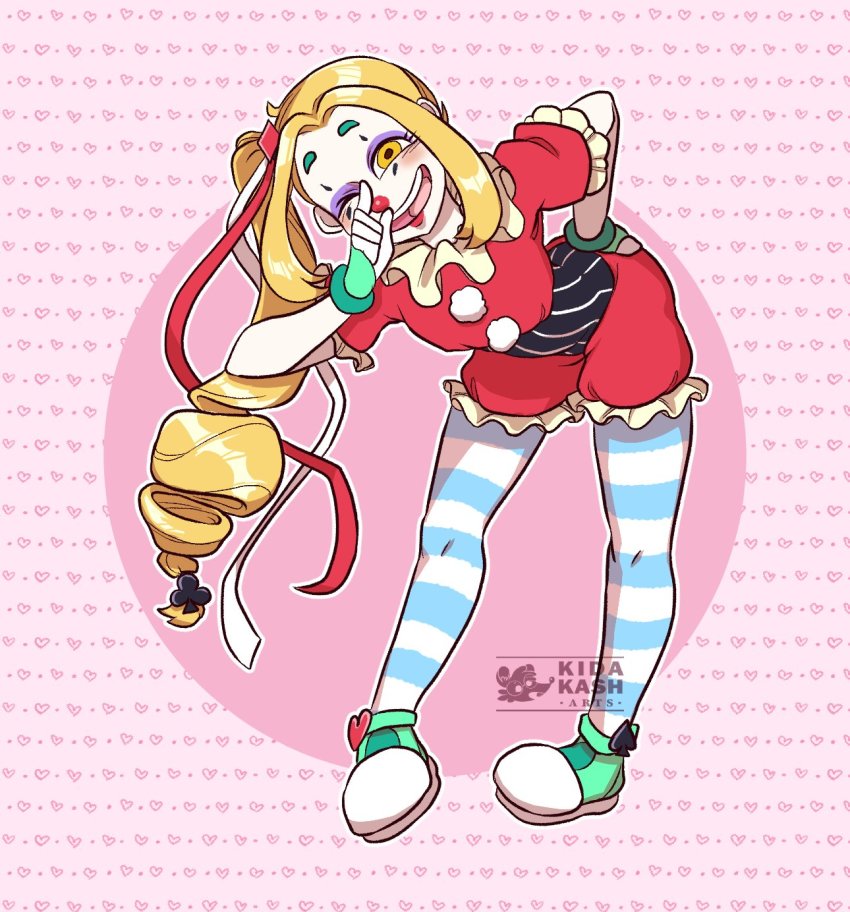 1girl, blonde_hair, clown, clown_girl, clown_nose, facepaint, hand_on_own_hip, highres