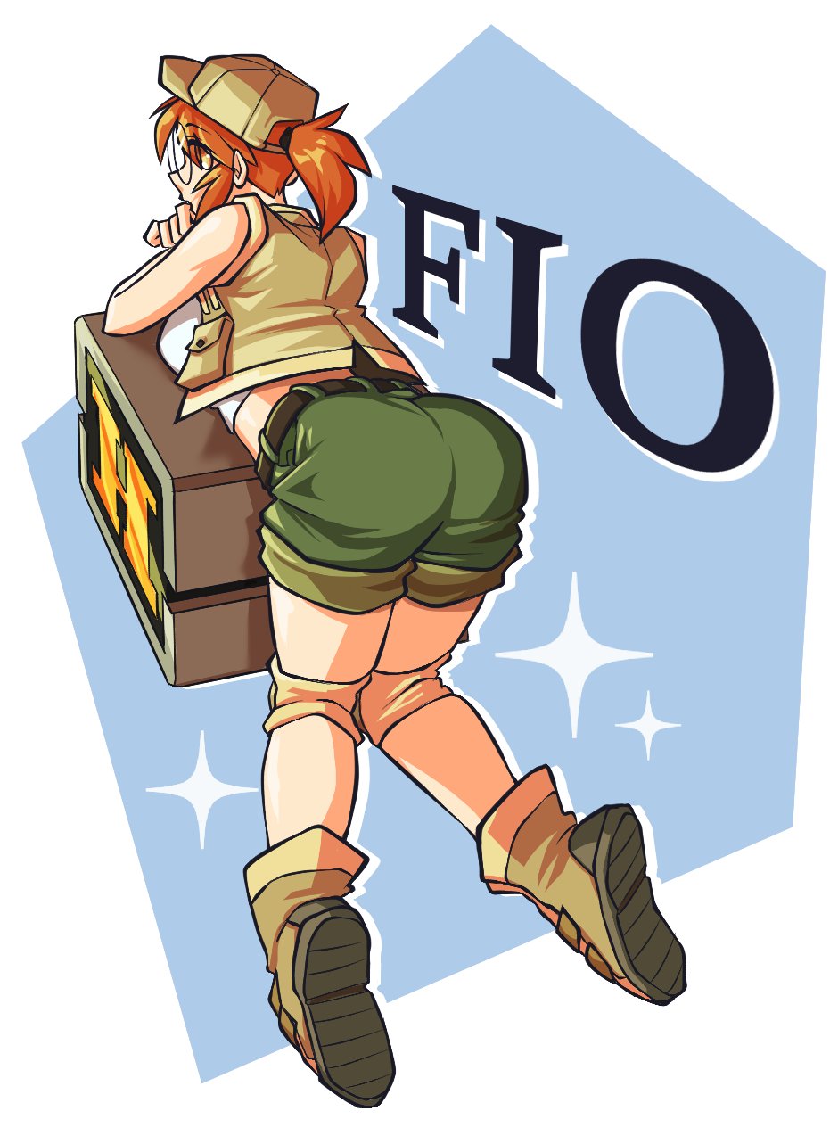 ass, ass_focus, bare_arms, boots, character_name, commission, fio_germi, from_behind