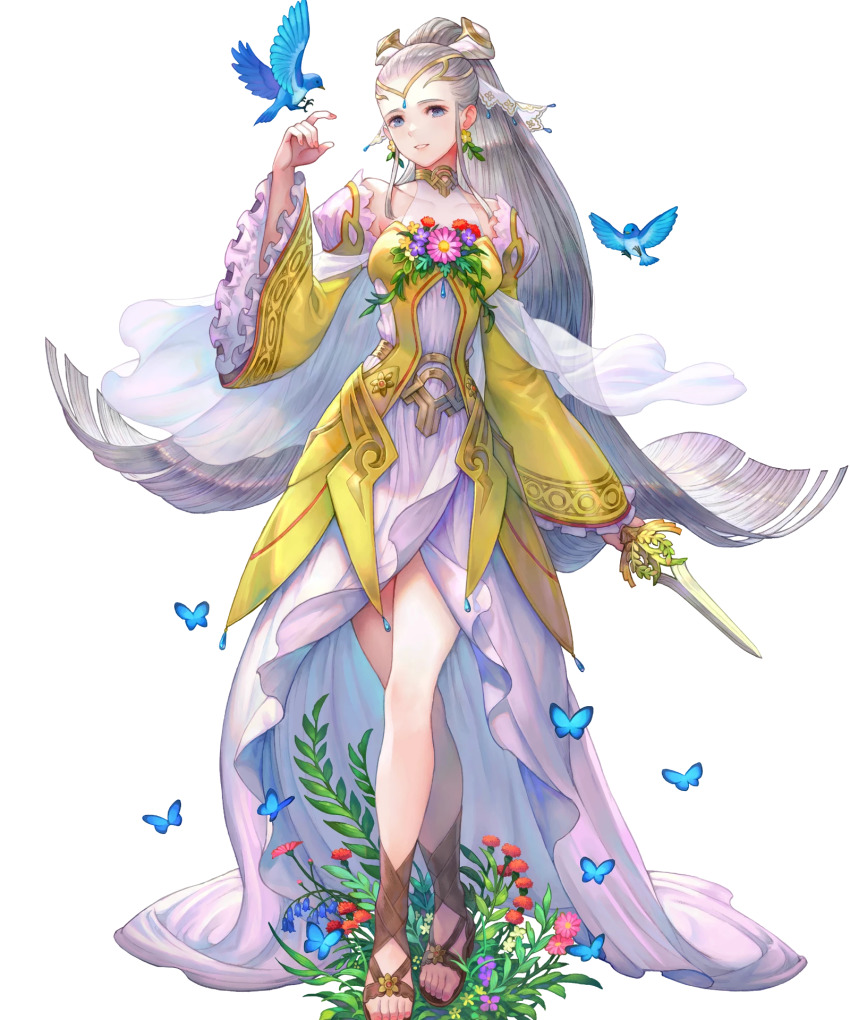 1girl, animal, bird, blue_butterfly, blue_eyes, breasts, bug, butterfly, comic, covered_collarbone, dagger, detached_sleeves, dress, earrings, eir_(fire_emblem), eir_(life_ascendant)_(fire_emblem), feet, female_focus, fire_emblem, fire_emblem_heroes, flower, flower_earrings, frills, full_body, gold_trim, grey_hair, haccan, hair_ornament, highres, holding, holding_dagger, holding_knife, holding_weapon, insect, jewelry, knife, long_dress, long_hair, medium_breasts, nintendo, non-web_source, official_art, ponytail, sandals, see-through_clothes, solo, tiara, toes, transparent_background, weapon, wide_sleeves