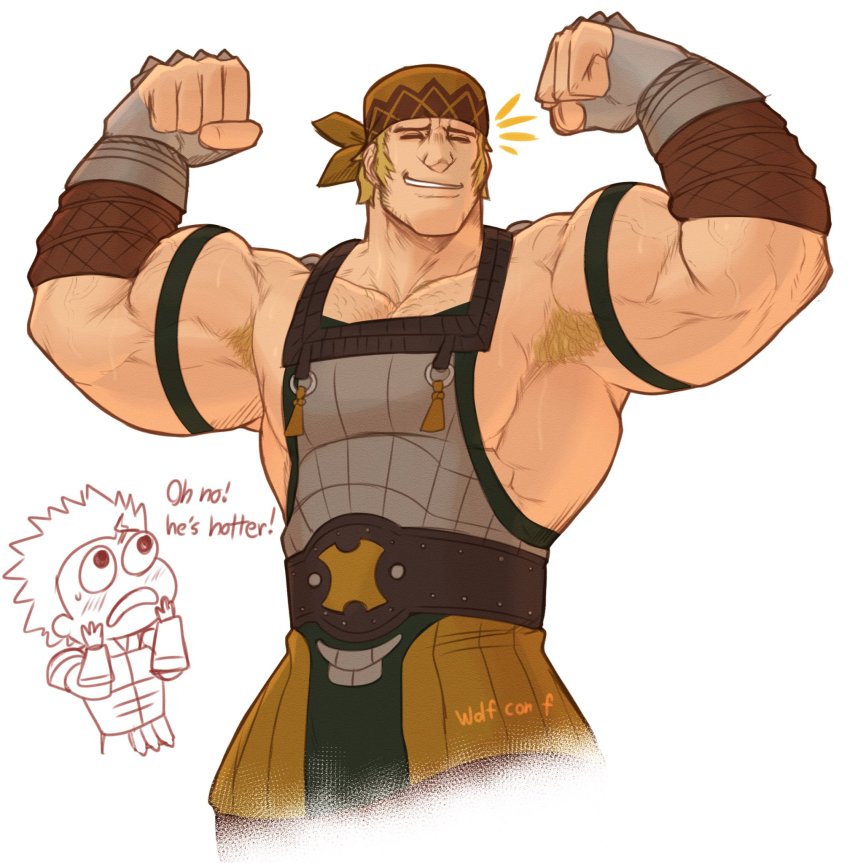 2boys, apron, armband, armpit_hair, armpits, artist_name, bandana, bara