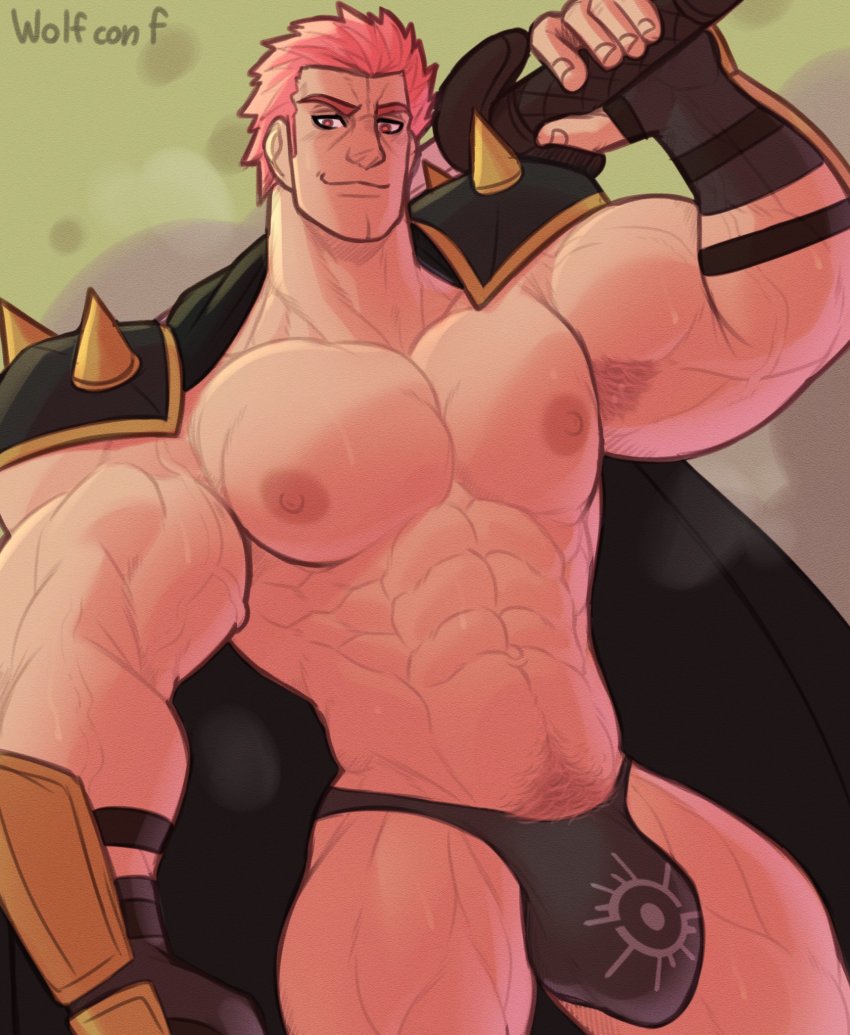 1boy, abs, armor, armpit_hair, armpits, artist_name, bara, biceps, black_male_swimwear, bulge, cape, feet_out_of_frame, fingerless_gloves, fire_emblem, fire_emblem:_three_houses, fire_emblem_warriors:_three_hopes, gauntlets, gloves, highres, holding, holding_weapon, holst_sigiswald_goneril, large_pectorals, looking_at_viewer, male_focus, male_swimwear, manly, mature_male, muscular, muscular_arms, muscular_legs, navel, navel_hair, nintendo, nipples, over_shoulder, pectorals, pink_eyes, pink_hair, short_hair, shoulder_armor, signature, simple_background, smirk, solo, spiked_armor, spiked_hair, spikes, swimsuit, thick_eyebrows, thighs, thong, veins, veiny_arms, weapon, weapon_over_shoulder, wolf_con_f