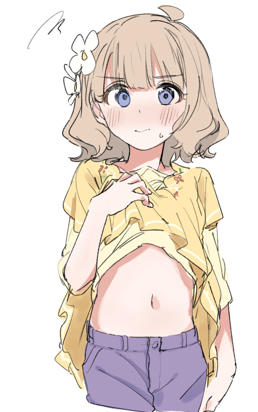 1girl, absurdres, ahoge, blue_eyes, blue_pants, blush, closed_mouth, clothes_lift