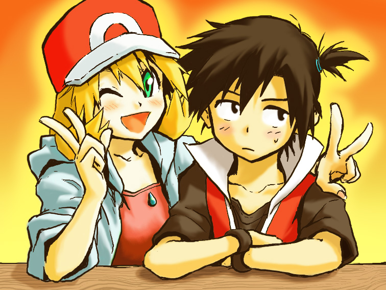 1boy, 1girl, :d, alternate_hairstyle, annoyed, badge, black_hair, blonde_hair