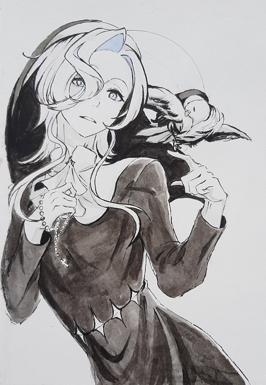 1boy, alternate_costume, ascot, bird, bird_on_hand, black_dress, blue_hair, colored_inner_hair