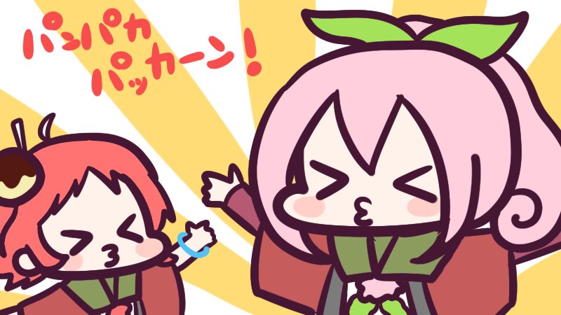 2girls, abeno-tan, multiple_girls, naisen, okayama-tan, pink_hair, ponytail, red_hair