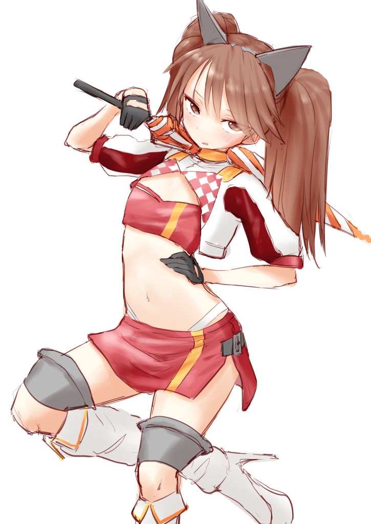 1girl, alternate_costume, animal_ears, bandeau, black_gloves, boots, brown_eyes, brown_hair, cat_ears, checkered_clothes, cosplay, cowboy_shot, crop_top, cropped_jacket, flat_chest, gloves, gotland_(2020_race_queen)_(kancolle), gotland_(kancolle), gotland_(kancolle)_(cosplay), half_gloves, highleg, highleg_panties, jacket, kantai_collection, long_hair, looking_at_viewer, midriff, miniskirt, one-hour_drawing_challenge, panties, race_queen, red_bandeau, red_skirt, ryuujou_(kancolle), simple_background, skirt, solo, tetsukuzu_(yajirushi_shita), thigh_boots, twintails, umbrella, underwear, white_background, white_jacket, white_panties