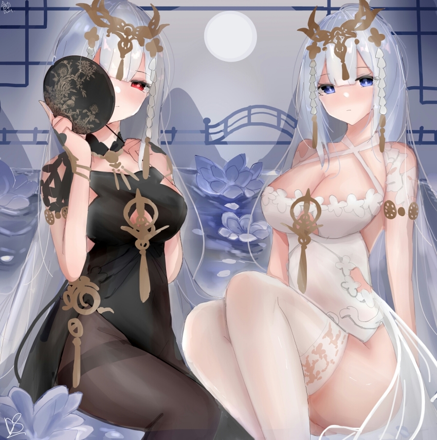 2girls, arms_behind_back, azur_lane, black_dress, black_pantyhose, black_vs_white, blue_eyes, blush