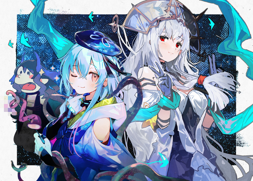 1boy, 1girl, alchemaniac, arknights, bare_shoulders, blue_cloak, blue_hair, blue_hat