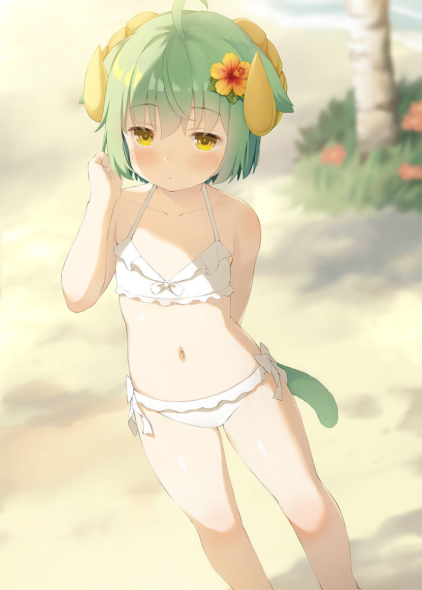1girl, adjusting_hair, ahoge, alternate_hairstyle, animal_ears, asatsuki_(monmusume-harem), beach, bikini, blurry, blurry_background, blush, collarbone, female_focus, flower, green_hair, hair_flower, hair_ornament, halterneck, highres, horns, monmusu_harem, namaru_(summer_dandy), navel, short_hair, solo, standing, swimsuit, tail, white_bikini, yellow_eyes