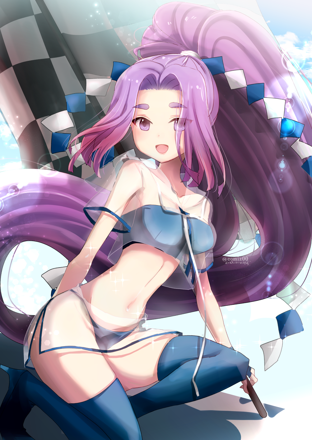 1girl, bikini, blue_bikini, blue_thighhighs, checkered_flag, flag, hair_between_eyes, hatsuharu_(kancolle)