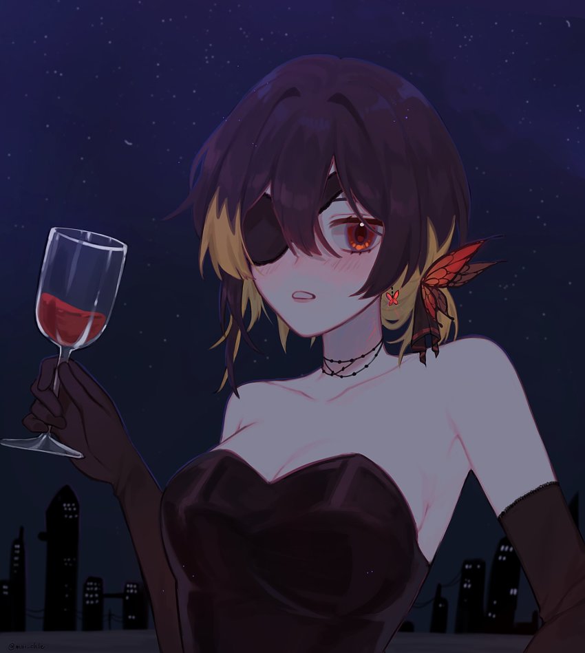 3di_project, black_gloves, black_hair, blonde_hair, breasts, butterfly_hair_ornament, celene_(3di), cleavage