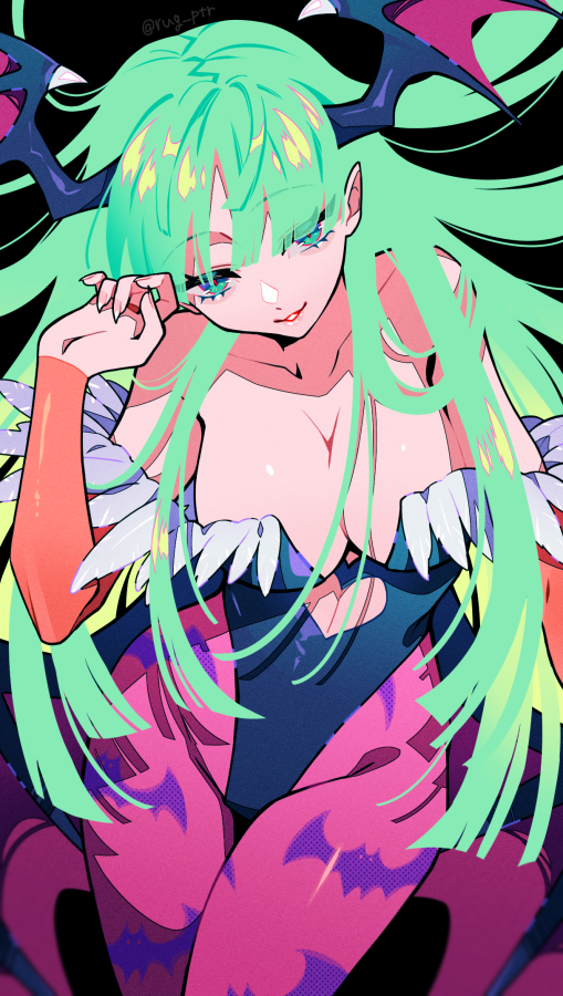 1girl, animal_print, bare_shoulders, bat_print, bat_wings, black_background, black_leotard, breasts