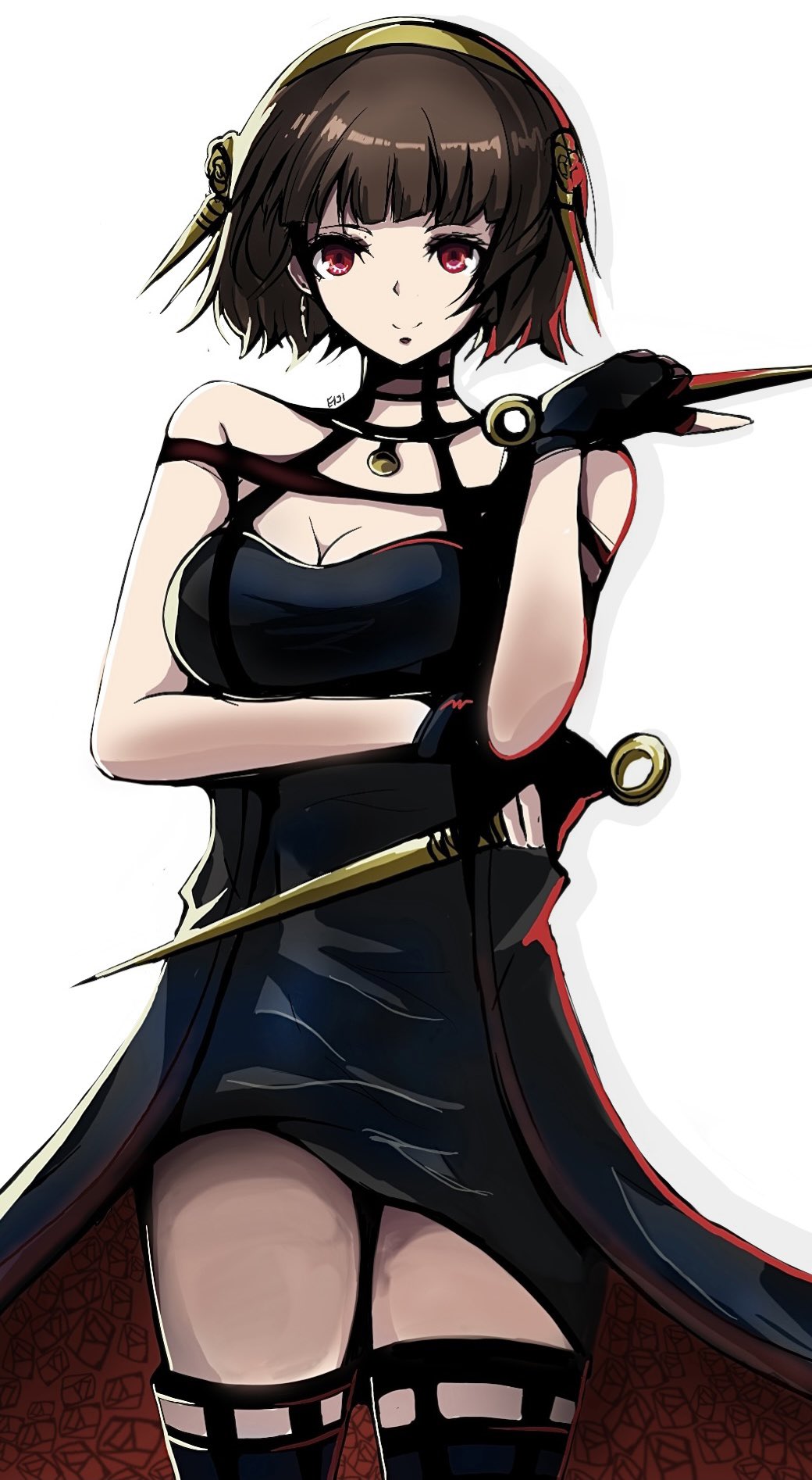 1girl, black_dress, black_gloves, breasts, brown_hair, cosplay, dress, dual_wielding