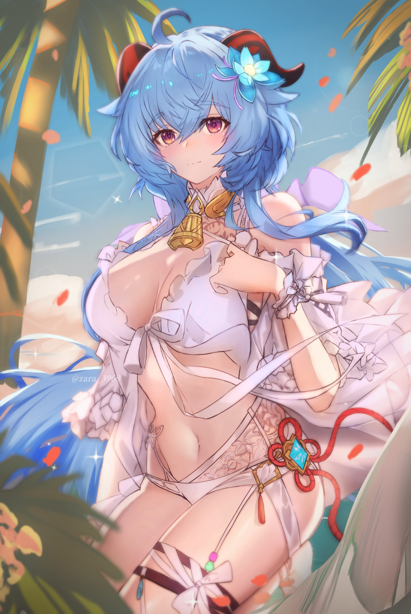 ahoge, bare_shoulders, beach, bikini, blue_hair, breasts, cleavage, commentary_request