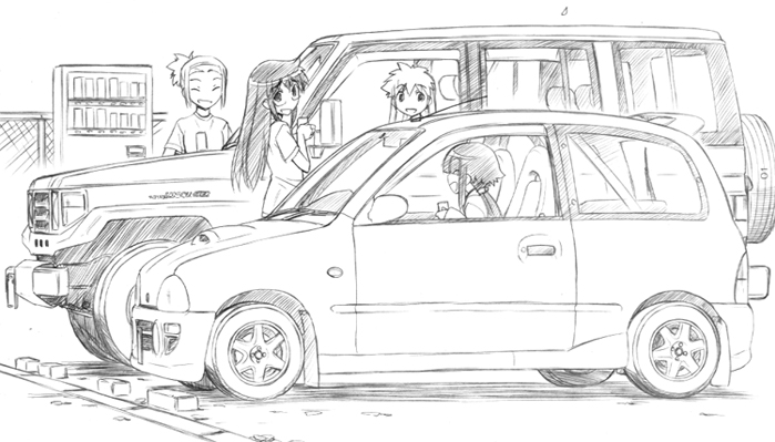 4girls, antenna, bumper_car, car, chair, character_request, closed_eyes, door, driving, eyebrows, eyelashes, greyscale, hair_between_eyes, happy, long_hair, looking_at_another, looking_to_the_side, low_twintails, monochrome, motor_vehicle, multiple_girls, nakajima_rei, open_mouth, outdoors, parking_lot, ponytail, rear-view_mirror, shadow, shirt, short_sleeves, sketch, smile, spiked_hair, sports_utility_vehicle, subaru_(brand), subaru_vivio, toyota, toyota_land_cruiser, twintails, vehicle_interior, vending_machine, wheel, window