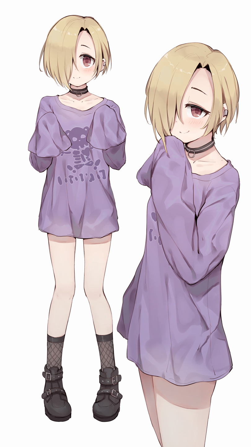 1girl, black_footwear, blonde_hair, brown_eyes, child, choker, collarbone, commentary