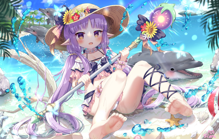 1girl, :d, animal, barefoot, beach, bikini, blue_sky, blush, branch, brown_hat, cloud, commentary_request, day, dolphin, flower, glowing, hat, hat_flower, highres, holding, holding_staff, horizon, hydrokinesis, kyoka_(princess_connect!), kyoka_(summer)_(princess_connect!), long_hair, looking_at_viewer, low_twintails, multicolored_bikini, ocean, off_shoulder, open_mouth, orb, outdoors, palm_tree, pink_bikini, pink_flower, pointy_ears, princess_connect!, purple_eyes, purple_hair, red_flower, sand, siera_(sieracitrus), sky, smile, soles, solo, staff, starfish, sun_hat, sunflower, swimsuit, tree, twintails, two-tone_bikini, very_long_hair, water, white_bikini, white_flower, yellow_flower