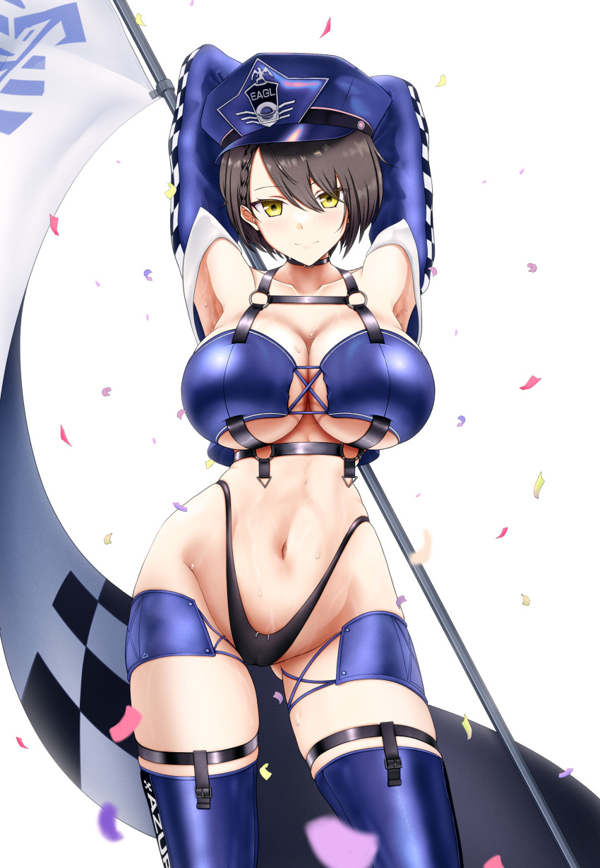 1girl, absurdres, armpits, arms_behind_head, arms_up, azur_lane, baltimore_(azur_lane), baltimore_(finish_line_flagbearer)_(azur_lane), bare_shoulders, bikini, black_choker, blue_bikini, blue_boots, blue_hat, blue_jacket, boots, braid, breasts, brown_hair, chest_harness, choker, cleavage, closed_mouth, collarbone, commentary, confetti, contrapposto, cowboy_shot, cropped_jacket, eagle_union_(emblem), english_commentary, flag, french_braid, groin, hair_between_eyes, harness, hat, highleg, highleg_bikini, highres, holding, holding_pole, jacket, large_breasts, light_blush, looking_at_viewer, micro_shorts, mismatched_bikini, mixed-language_commentary, navel, o-ring, o-ring_top, off_shoulder, official_alternate_costume, peaked_cap, pole, psd_available, race_queen, sakurein, short_hair, shorts, sidelocks, simple_background, skindentation, smile, solo, standing, stomach, sweat, swimsuit, thigh_boots, thigh_strap, toned, underboob, underbust, white_background, yellow_eyes