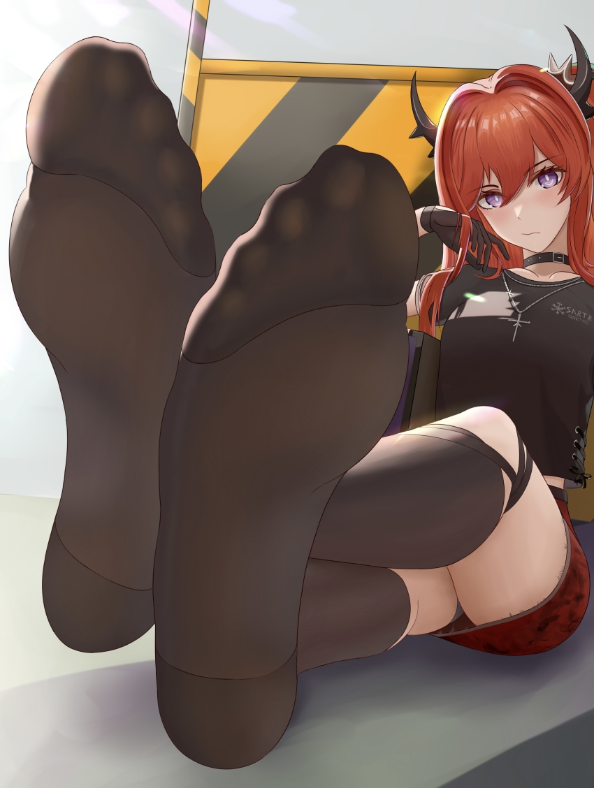 1girl, absurdres, adjusting_hair, arknights, black_choker, black_gloves, black_shirt, black_thighhighs