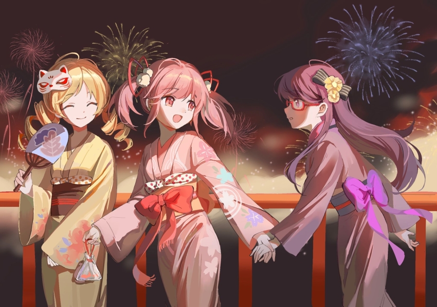 3girls, ^_^, akemi_homura, alternate_costume, blonde_hair, bow, closed_eyes, commentary