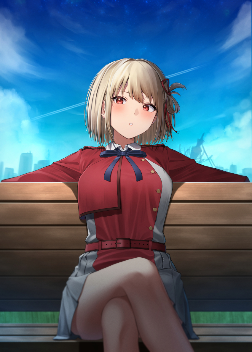1girl, absurdres, belt, blonde_hair, blue_ribbon, blue_sky, blush, bob_cut