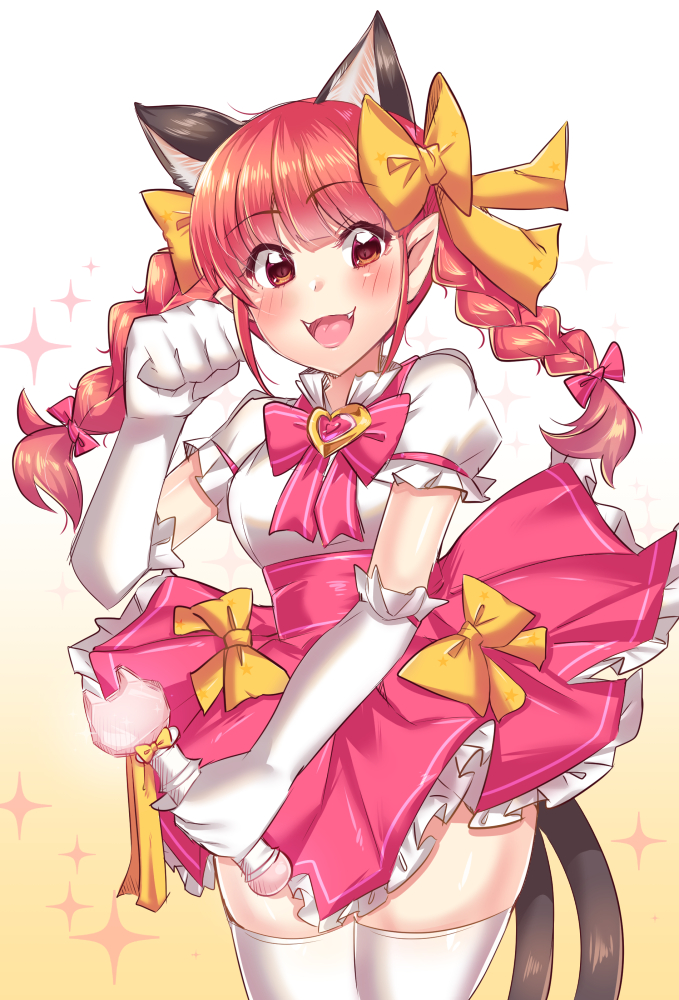 1girl, :d, alternate_costume, animal_ears, blush, bow, braid, cat_ears