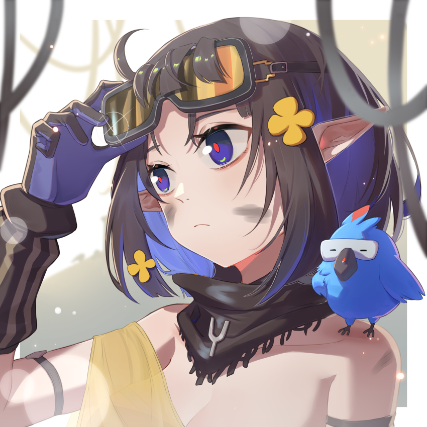 1girl, absurdres, adjusting_goggles, arknights, arm_strap, bare_shoulders, bird, black_hair