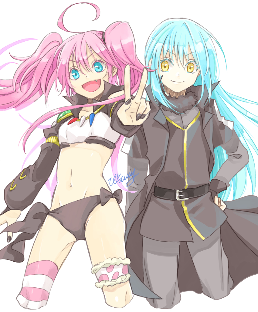 1girl, 1other, :d, absurdres, ahoge, asymmetrical_legwear, belt, belt_buckle, black_belt, black_bow, black_coat, black_nails, black_panties, black_vest, blue_eyes, blue_hair, bow, buckle, closed_mouth, coat, collarbone, cropped_legs, fang, floating_hair, grey_pants, grey_shirt, groin, hair_between_eyes, hand_on_own_hip, highres, long_hair, midriff, milim_nava, nail_polish, navel, open_clothes, open_coat, open_mouth, panties, pants, pink_hair, rimuru_tempest, shirt, shrug_(clothing), side-tie_panties, single_thighhigh, sketch, smile, standing, stomach, straight_hair, striped_clothes, striped_thighhighs, tensei_shitara_slime_datta_ken, thigh_strap, thighhighs, twintails, underwear, v, very_long_hair, vest, wata_miya_(shiro_momen), yellow_eyes