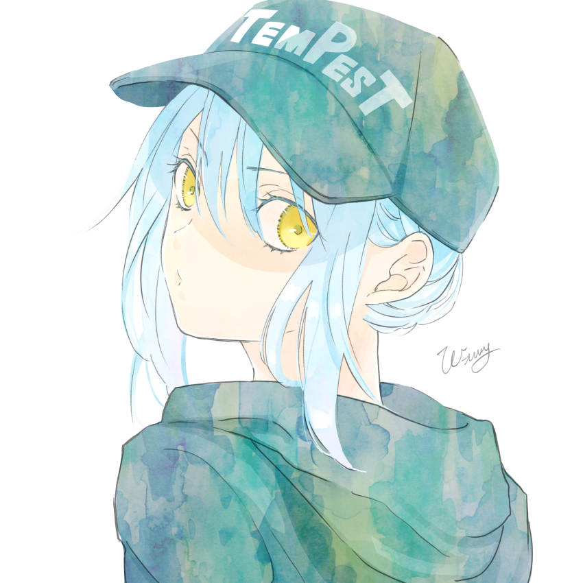 1other, absurdres, baseball_cap, blue_hair, character_name, from_behind, grey_headwear, hair_between_eyes